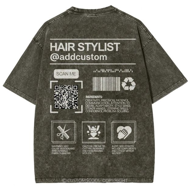 Hair Stylist Addcustom QR Code Name Unisex Fit Washed T-Shirt Customscool