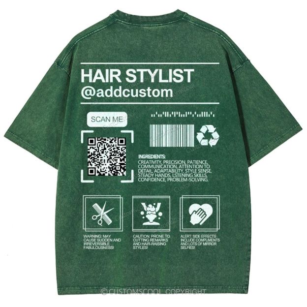 Hair Stylist Addcustom QR Code Name Unisex Fit Washed T-Shirt Customscool