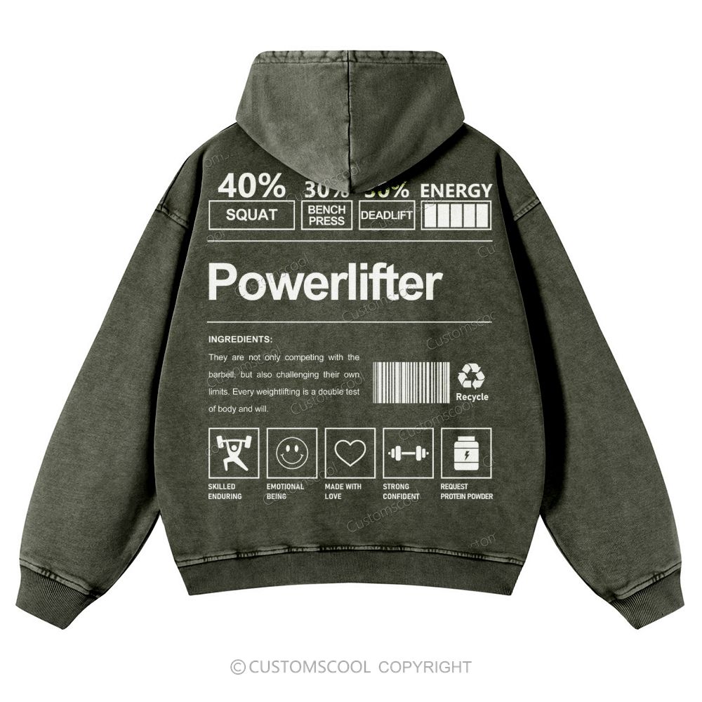 Powerlifter Casual Washed Hoodie Customscool
