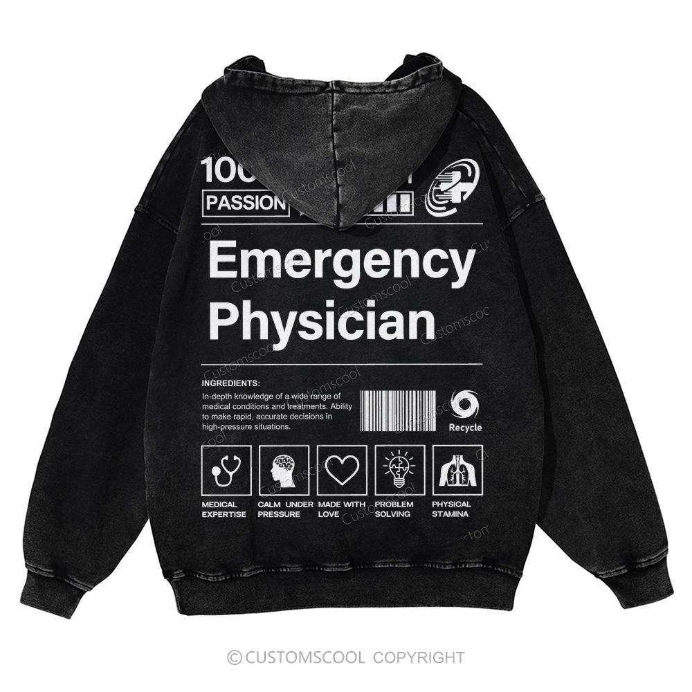 Emergency Physician Casual Washed Hoodie Customscool