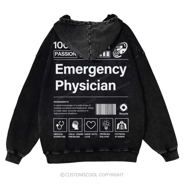 Emergency Physician Casual Washed Hoodie Customscool