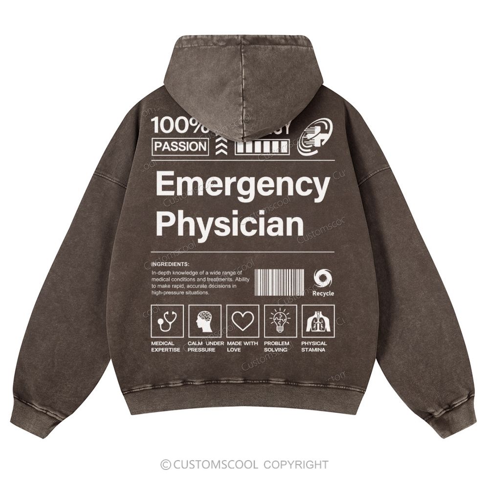 Emergency Physician Casual Washed Hoodie Customscool