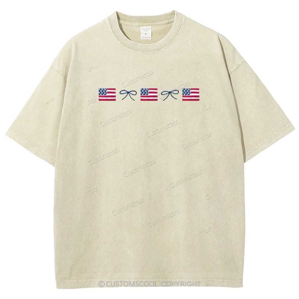 American Flag and Dainty Bow Embroidered Unisex Fit Washed T-Shirt