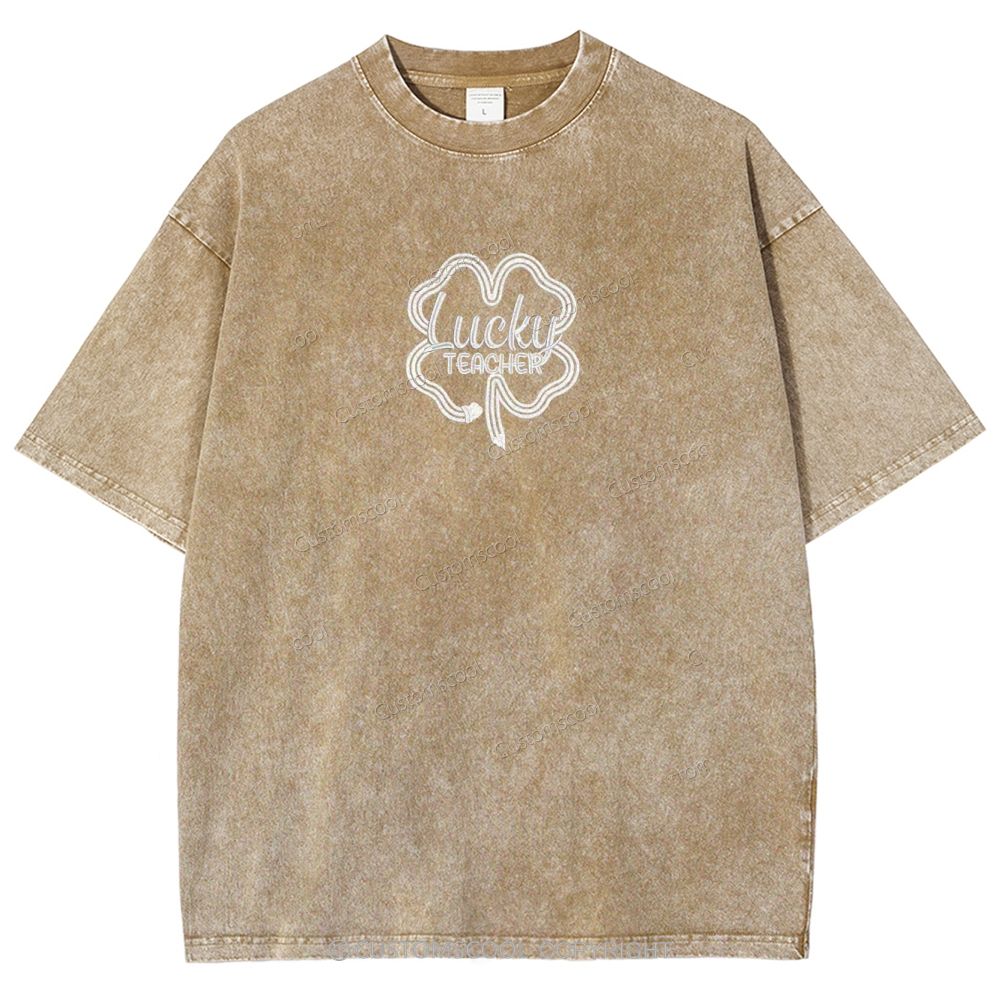 Lucky Teacher Embroidered Unisex Fit Washed T-Shirt