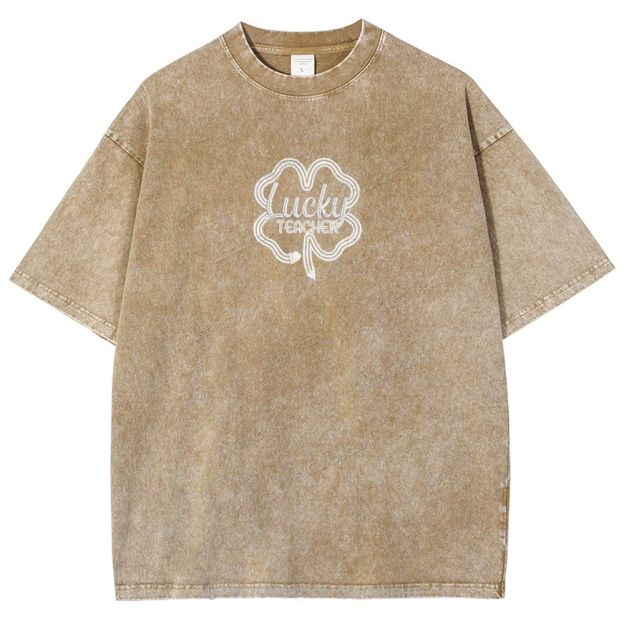 Lucky Teacher Embroidered Unisex Fit Washed T-Shirt