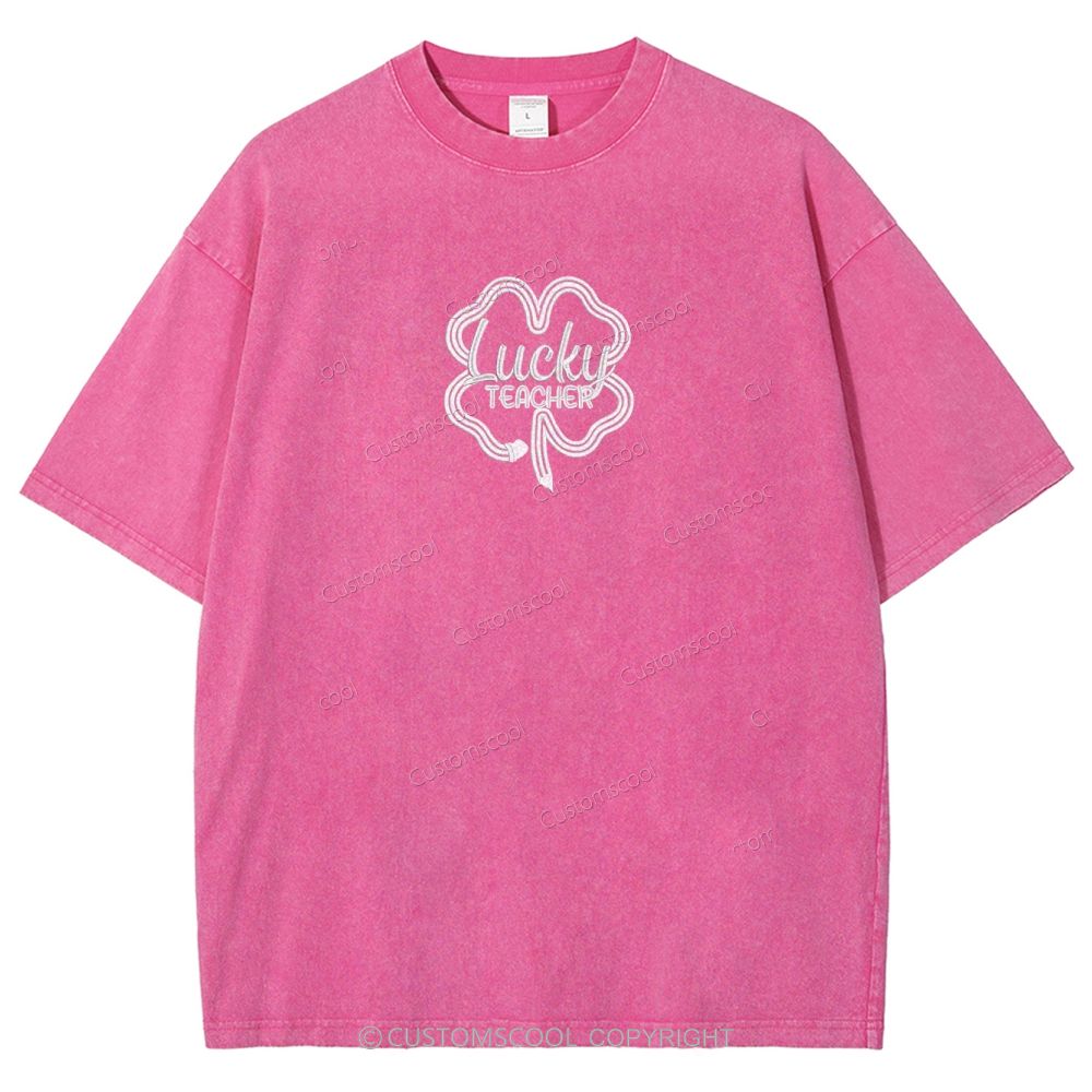 Lucky Teacher Embroidered Unisex Fit Washed T-Shirt