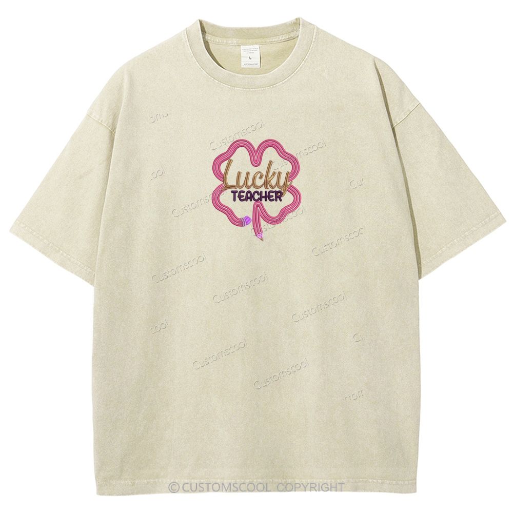 Lucky Teacher Embroidered Unisex Fit Washed T-Shirt