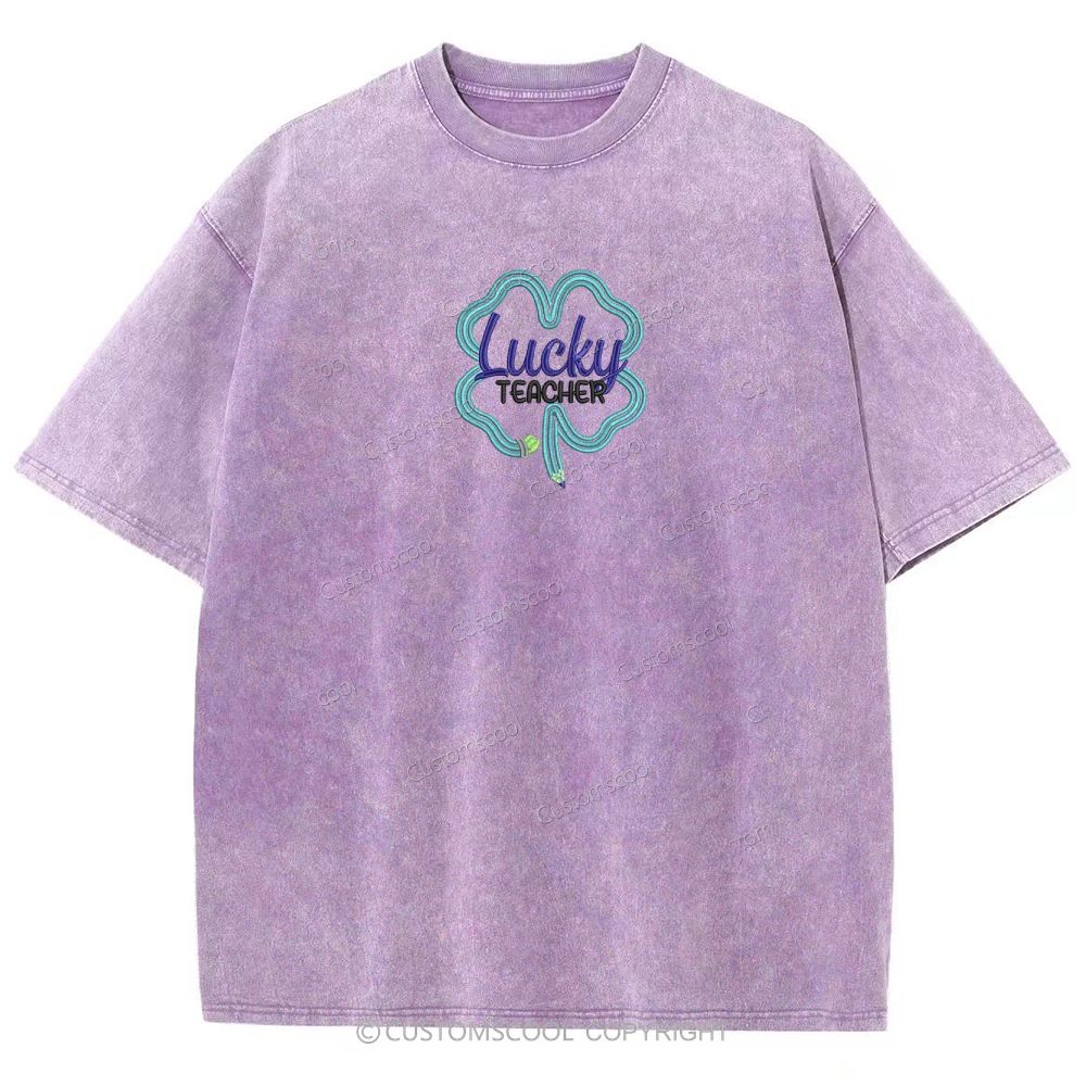Lucky Teacher Embroidered Unisex Fit Washed T-Shirt