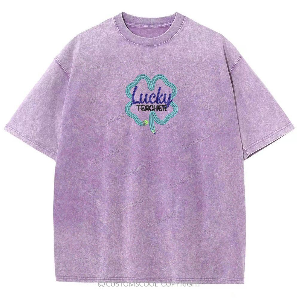 Lucky Teacher Embroidered Unisex Fit Washed T-Shirt