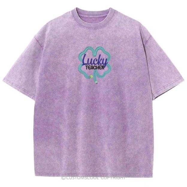 Lucky Teacher Embroidered Unisex Fit Washed T-Shirt