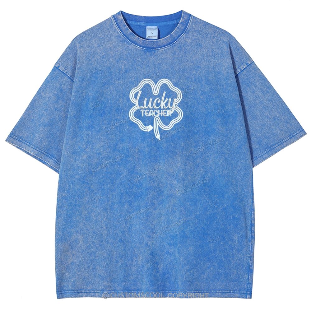 Lucky Teacher Embroidered Unisex Fit Washed T-Shirt