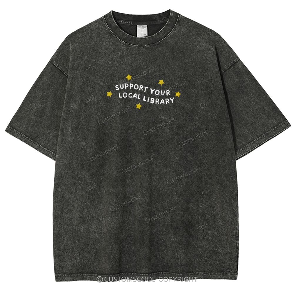 Support Your Local Library Embroidered Unisex Fit Washed T-Shirt