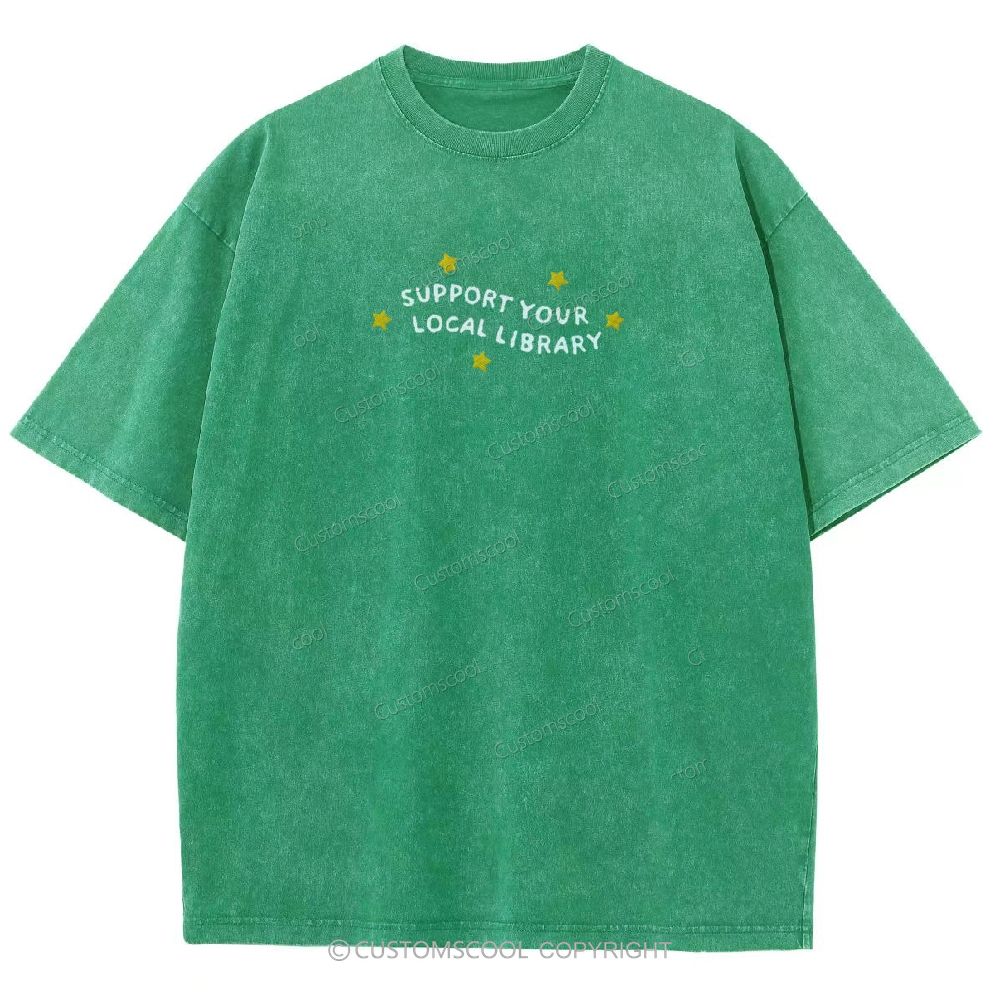 Support Your Local Library Embroidered Unisex Fit Washed T-Shirt