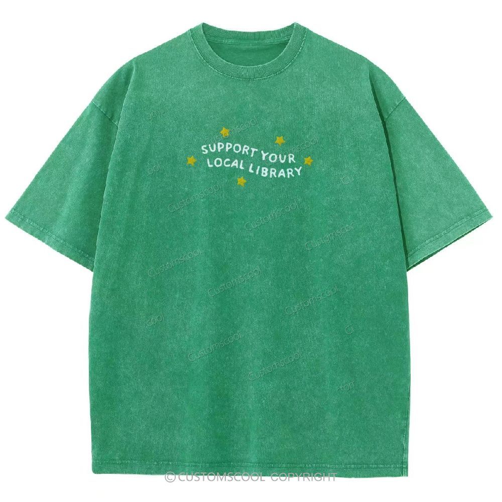 Support Your Local Library Embroidered Unisex Fit Washed T-Shirt