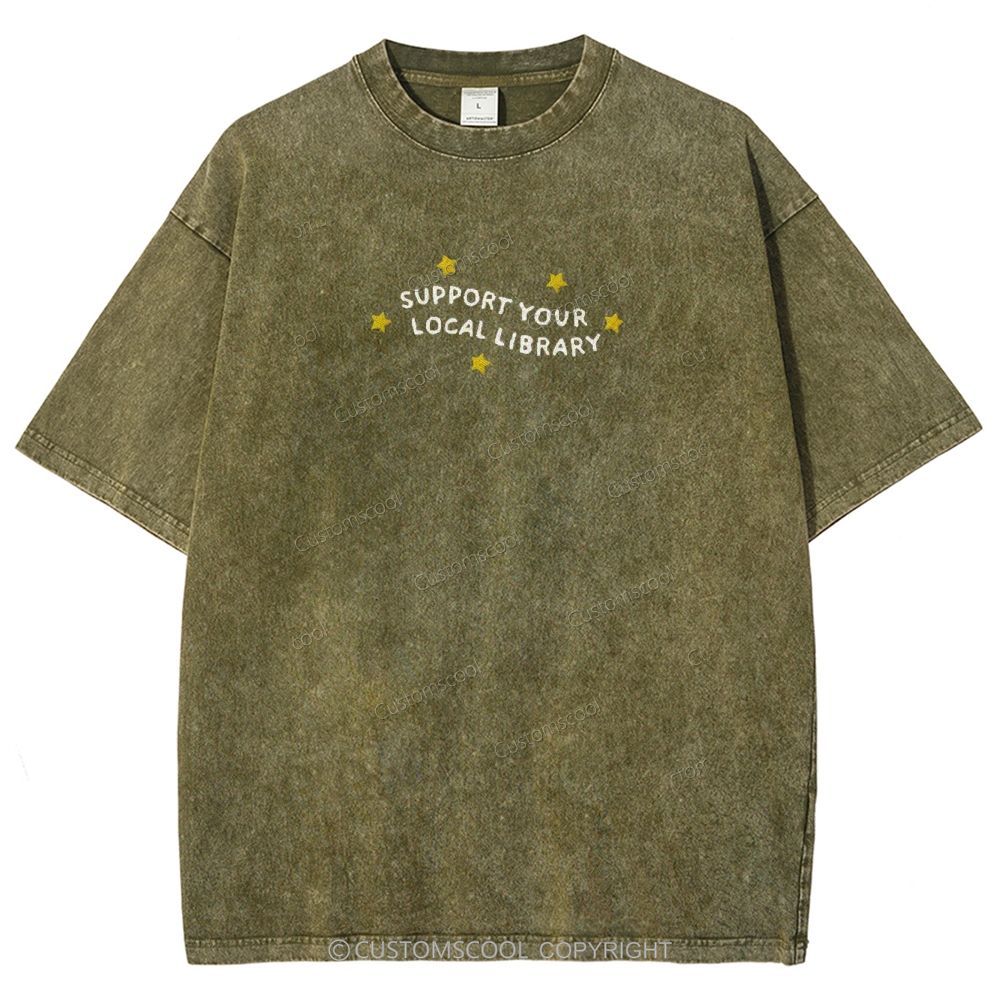 Support Your Local Library Embroidered Unisex Fit Washed T-Shirt