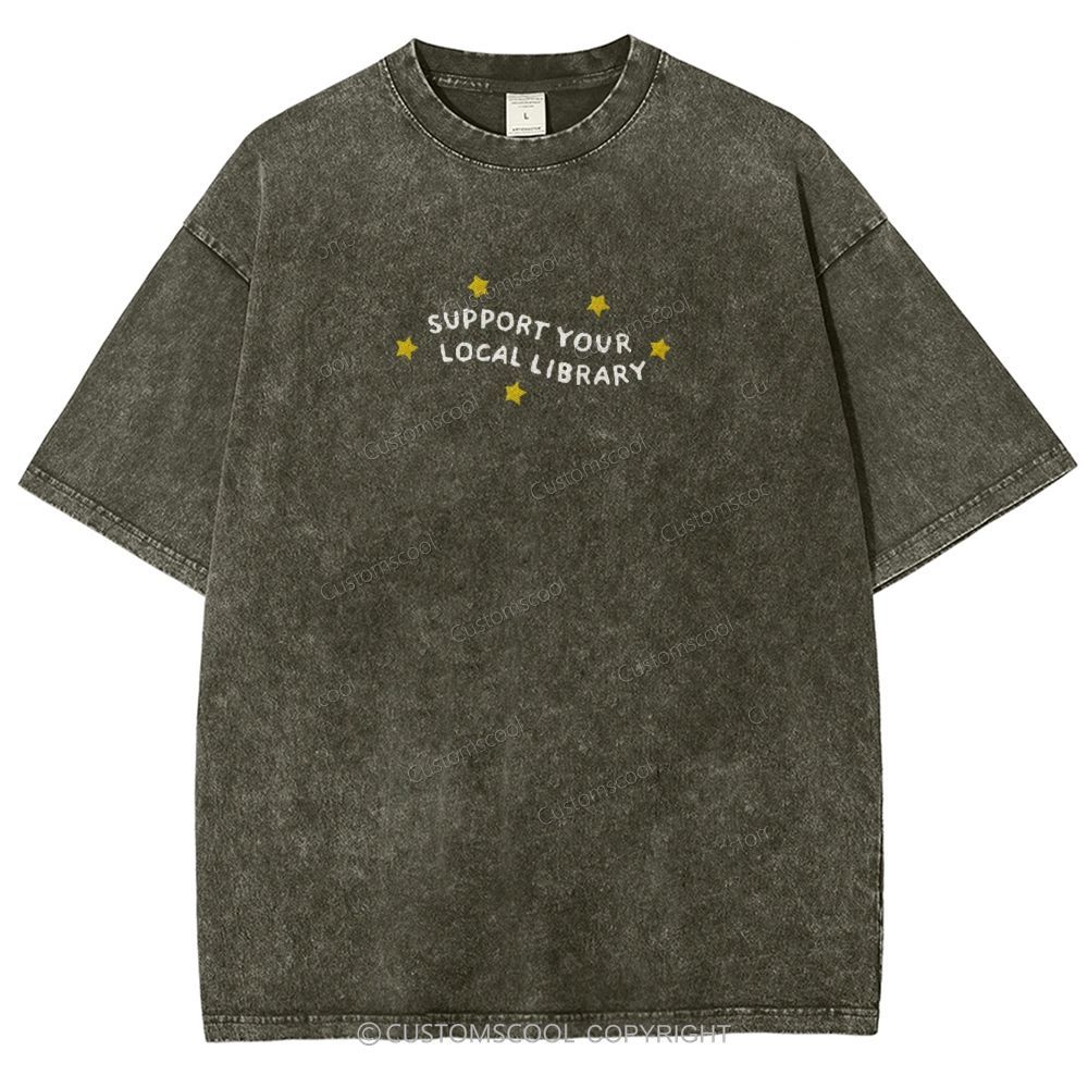 Support Your Local Library Embroidered Unisex Fit Washed T-Shirt