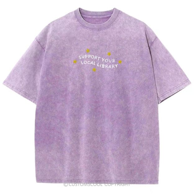 Support Your Local Library Embroidered Unisex Fit Washed T-Shirt