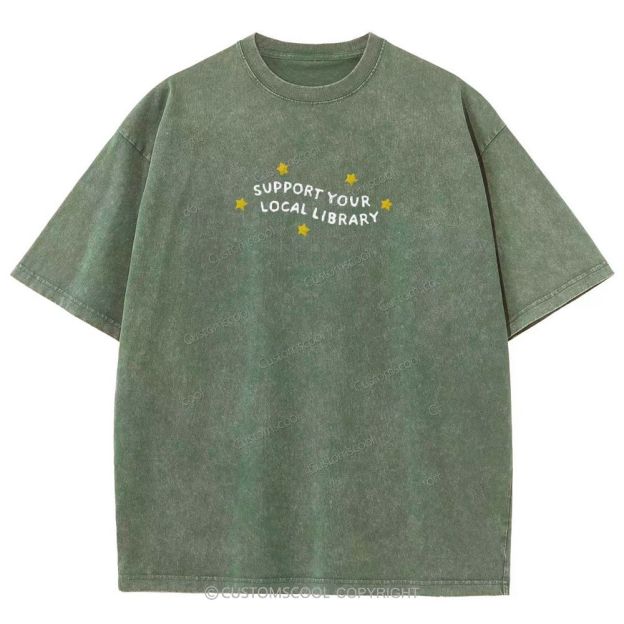 Support Your Local Library Embroidered Unisex Fit Washed T-Shirt