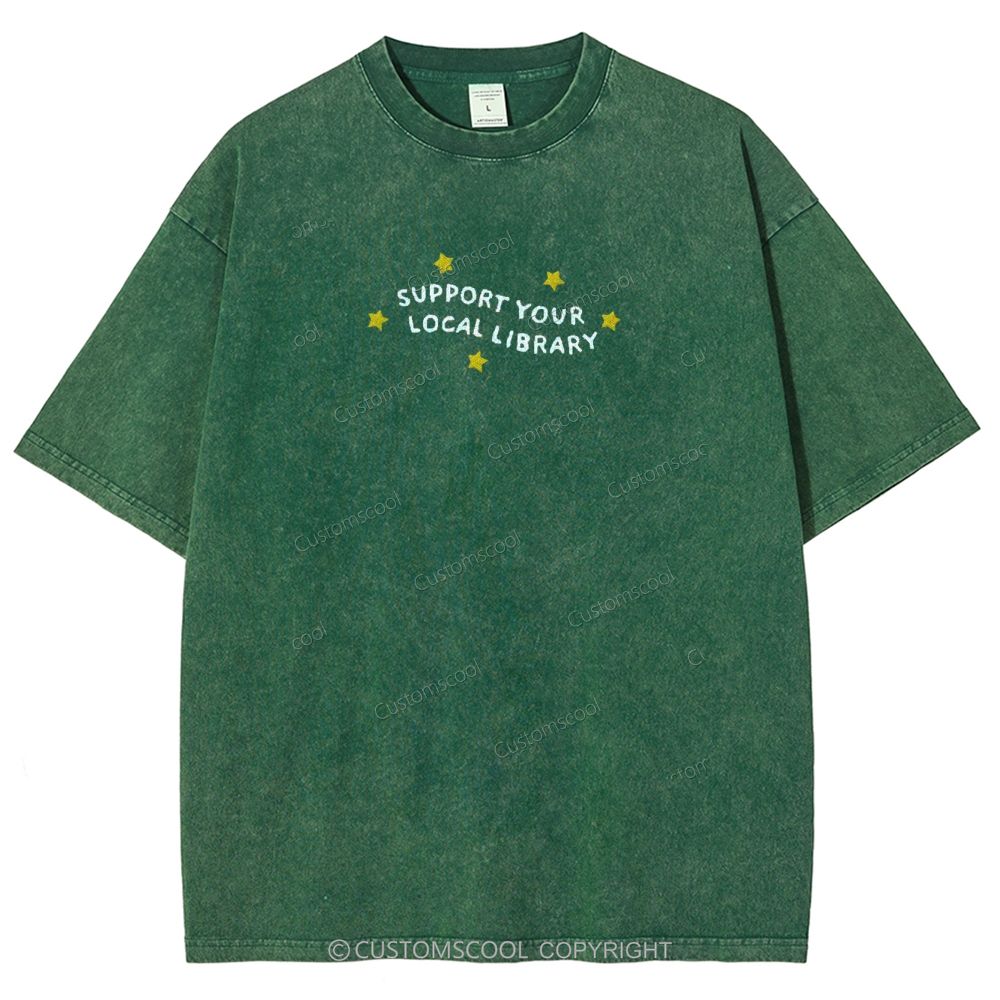 Support Your Local Library Embroidered Unisex Fit Washed T-Shirt