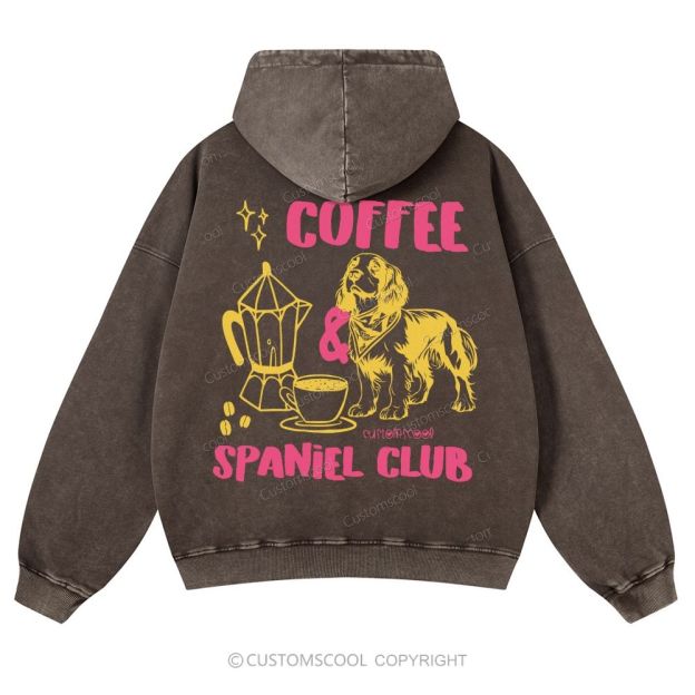 Coffee Spaniel Club Casual Washed Hoodie Customscool