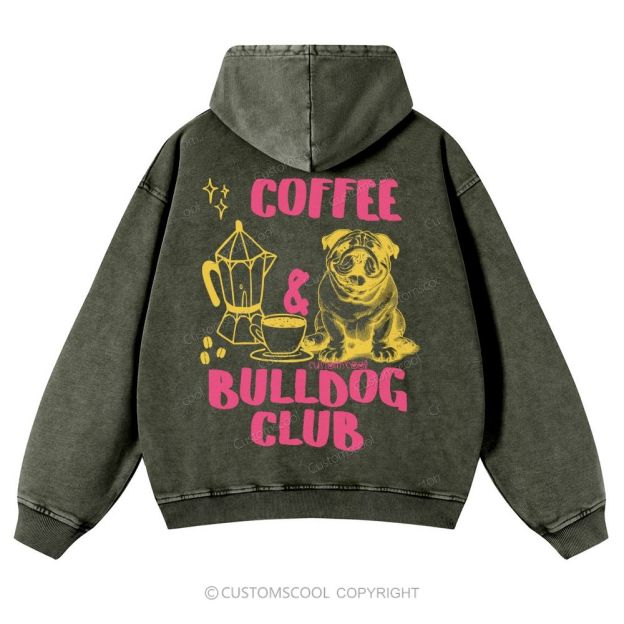 Coffee Bulldog Club Casual Washed Hoodie