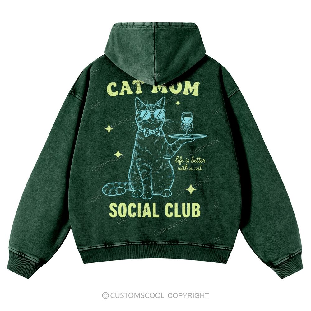 Cat Mom Social Club Casual Washed Hoodie Customscool