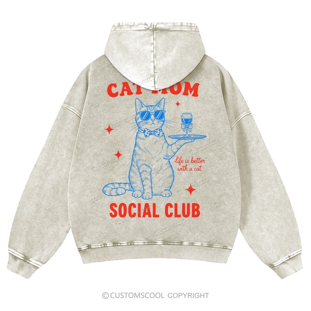 Cat Mom Social Club Casual Washed Hoodie Customscool