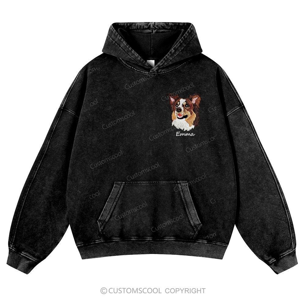 Addcustom Dog Face Name Embroidered Casual Washed Hoodie