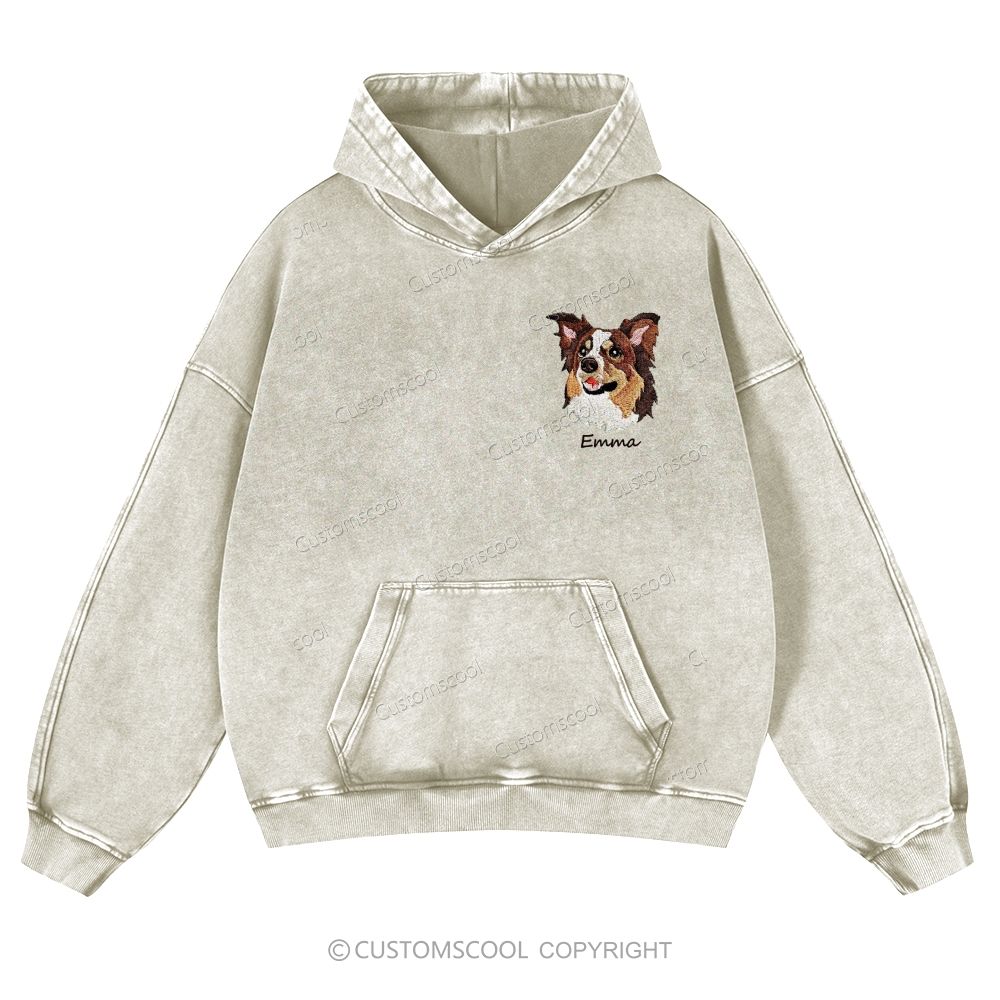 Addcustom Dog Face Name Embroidered Casual Washed Hoodie