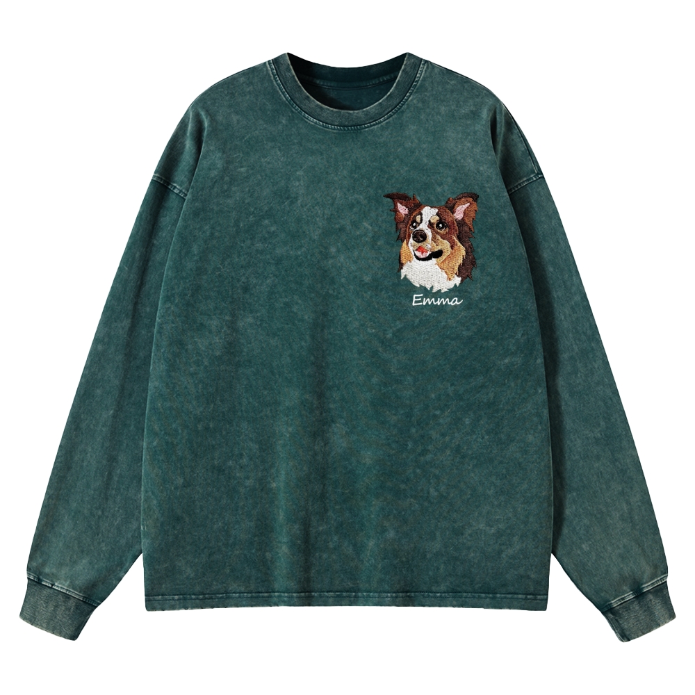 Addcustom Dog Face Name Embroidered Unisex Casual Washed Long-Sleeved T-Shirt