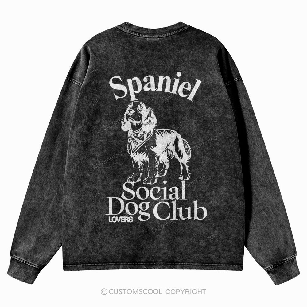 Spaniel Club Unisex Casual Washed Long-Sleeved T-Shirt