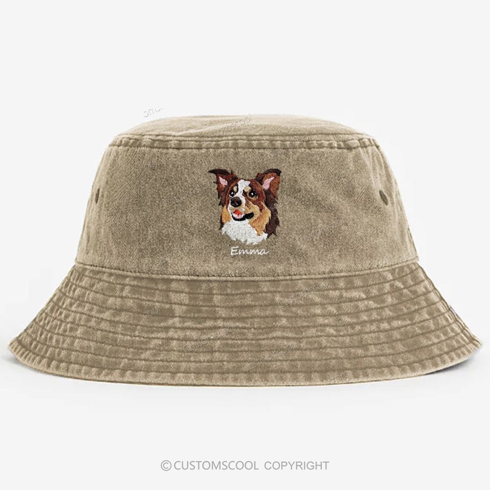Addcustom Embroidery Dog Face and Name Washed Bucket Hat