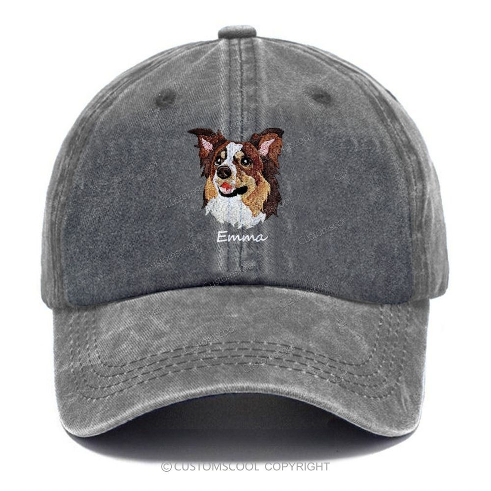 Addcustom Embroidery Dog Face and Name Unisex Vintage Casual Washed Cap