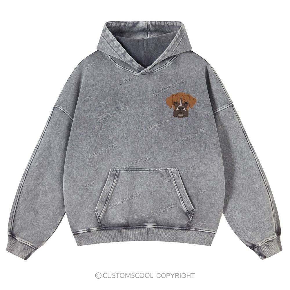 Boxer Pug Pomeranian Welsh Dog Face Embroidery Casual Washed Hoodie