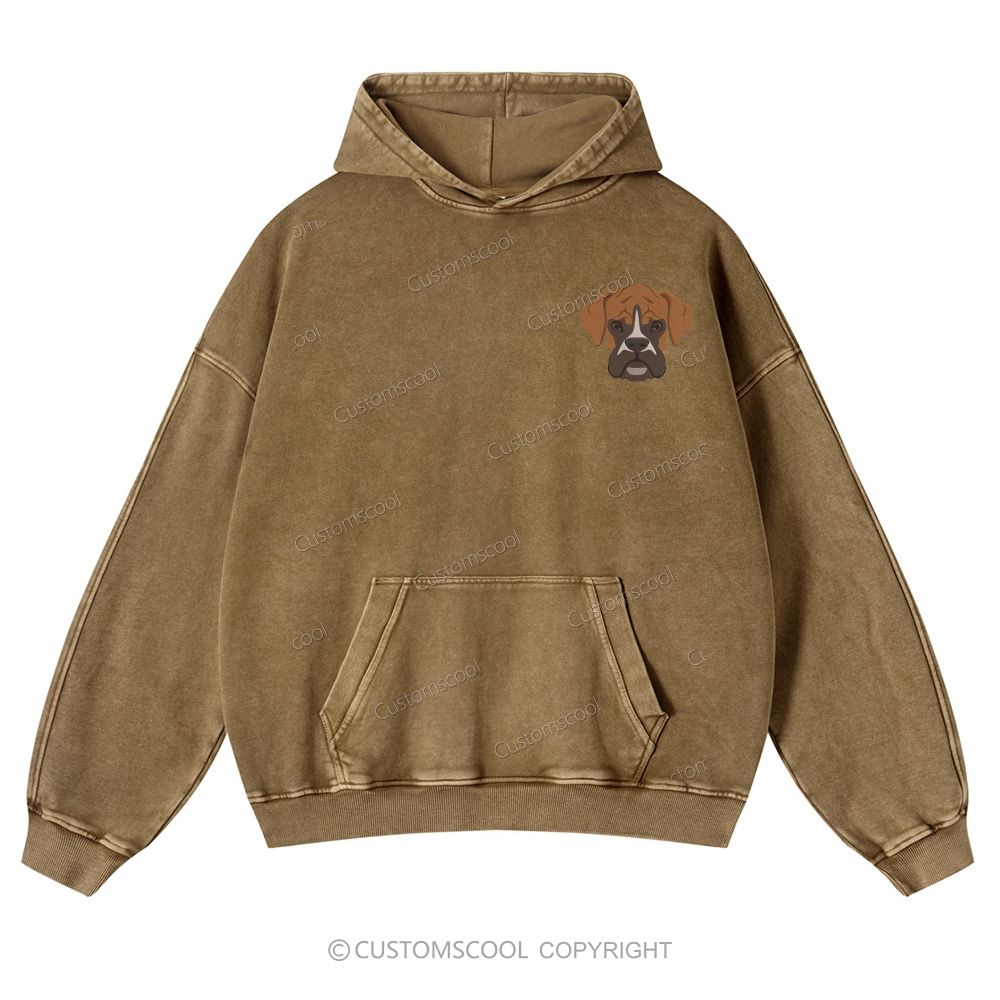 Boxer Pug Pomeranian Welsh Dog Face Embroidery Casual Washed Hoodie