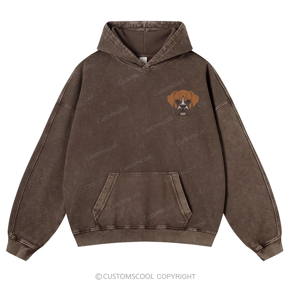 Boxer Pug Pomeranian Welsh Dog Face Embroidery Casual Washed Hoodie