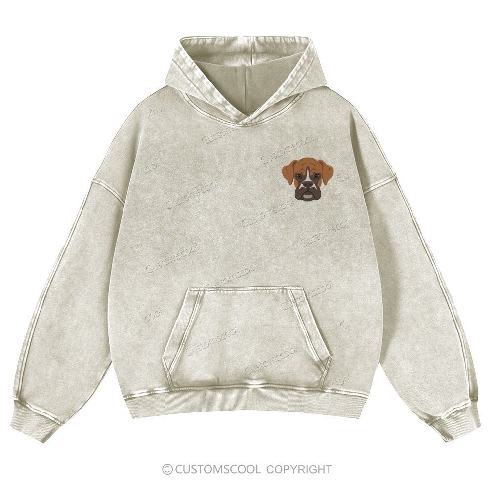 Boxer Pug Pomeranian Welsh Dog Face Embroidery Casual Washed Hoodie