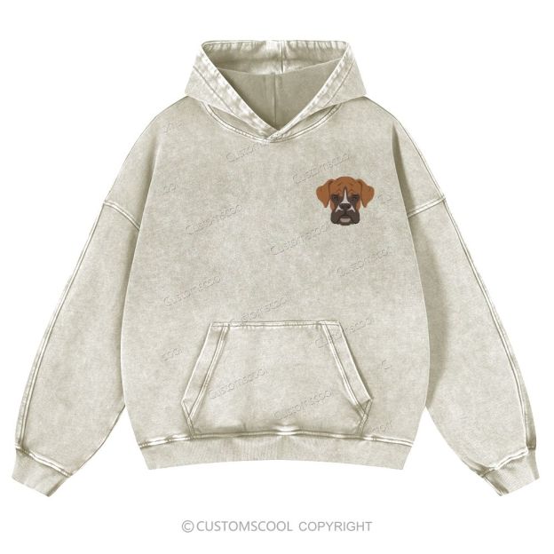 Boxer Pug Pomeranian Welsh Dog Face Embroidery Casual Washed Hoodie
