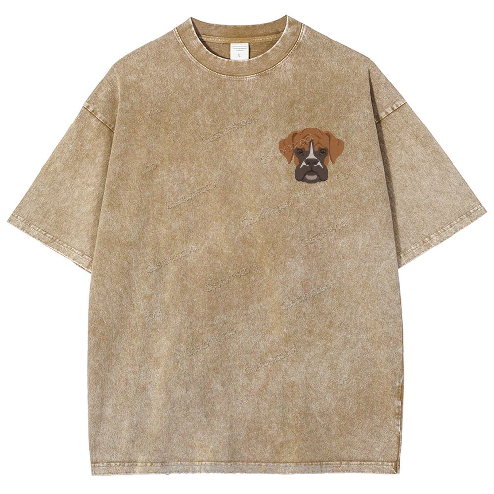 Boxer Pug Pomeranian Welsh Dog Face Embroidery Unisex Fit Washed T-Shirt