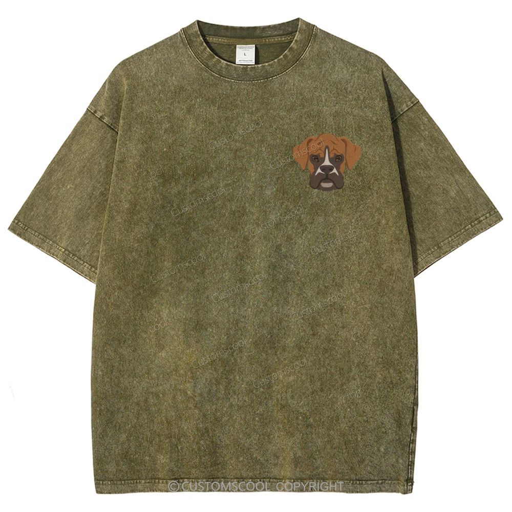 Boxer Pug Pomeranian Welsh Dog Face Embroidery Unisex Fit Washed T-Shirt