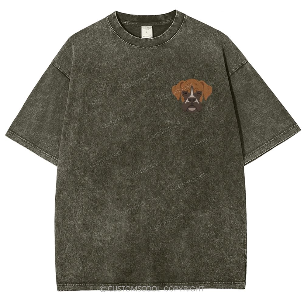 Boxer Pug Pomeranian Welsh Dog Face Embroidery Unisex Fit Washed T-Shirt