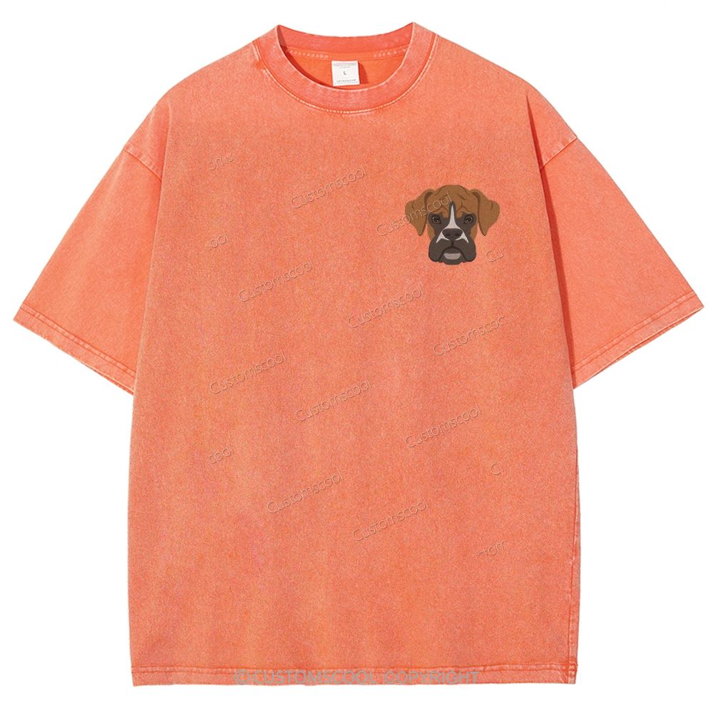 Boxer Pug Pomeranian Welsh Dog Face Embroidery Unisex Fit Washed T-Shirt