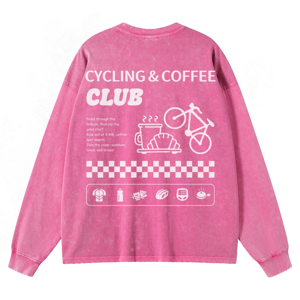 Cycling & Coffee Club Unisex Casual Washed Long-Sleeved T-Shirt