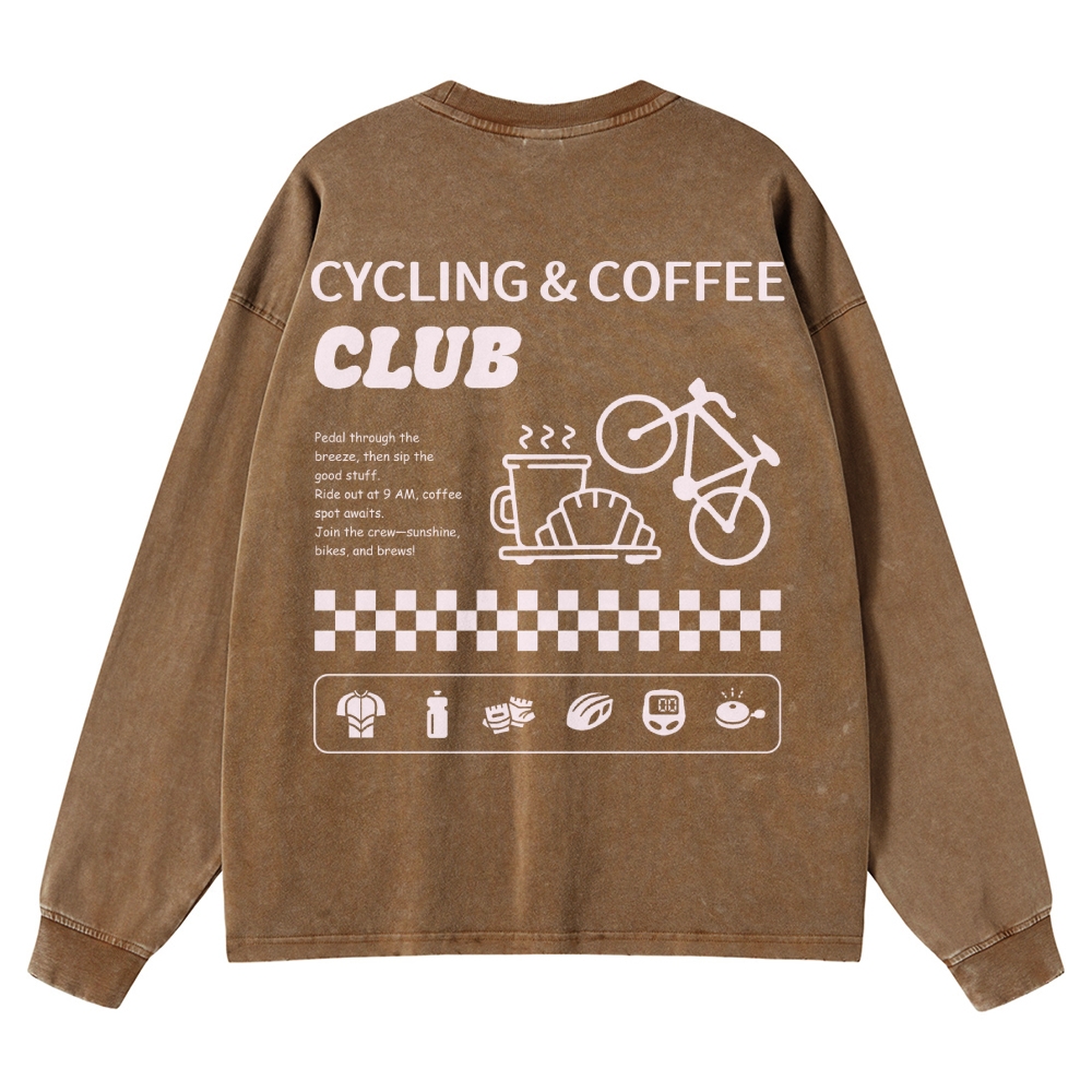 Cycling & Coffee Club Unisex Casual Washed Long-Sleeved T-Shirt