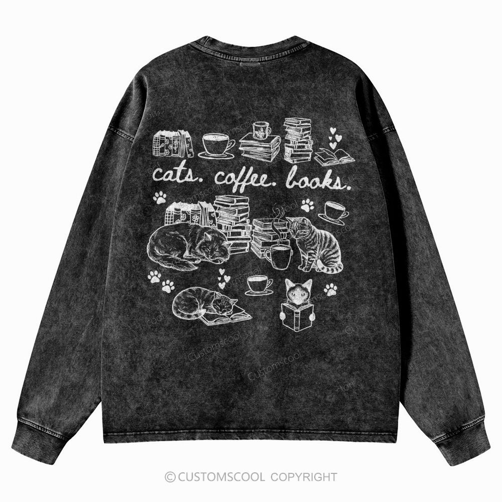 Cats Coffee Books Unisex Casual Washed Long-Sleeved T-Shirt