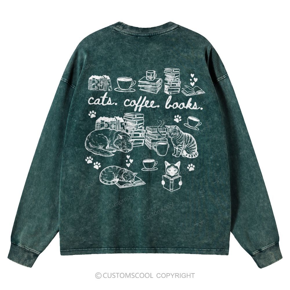 Cats Coffee Books Unisex Casual Washed Long-Sleeved T-Shirt