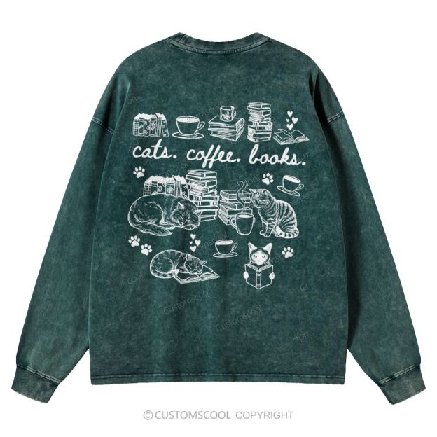 Cats Coffee Books Unisex Casual Washed Long-Sleeved T-Shirt