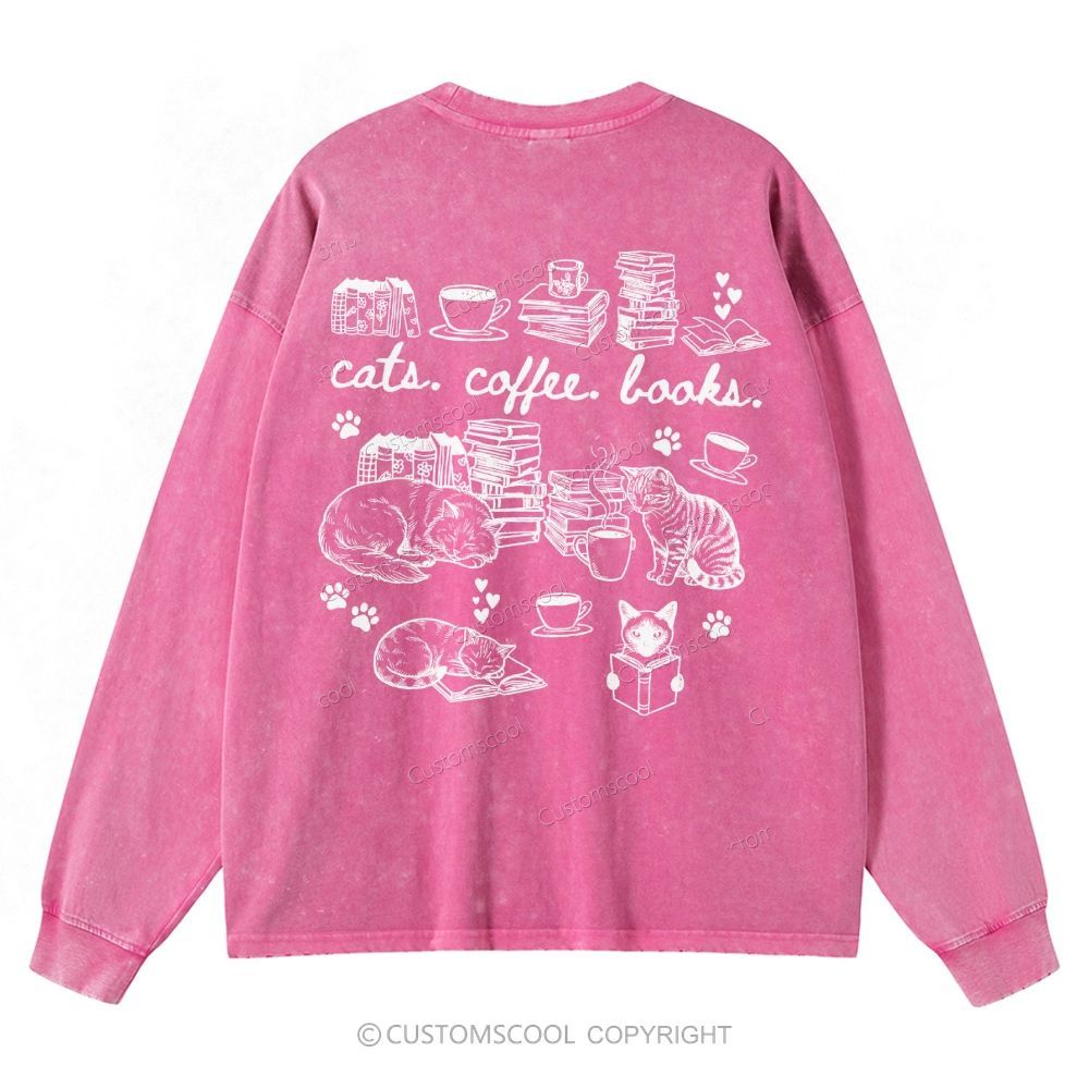 Cats Coffee Books Unisex Casual Washed Long-Sleeved T-Shirt