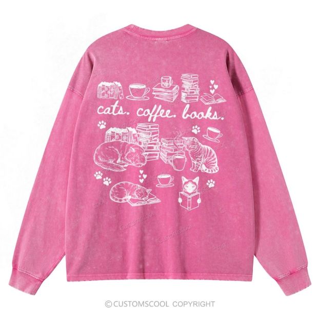 Cats Coffee Books Unisex Casual Washed Long-Sleeved T-Shirt