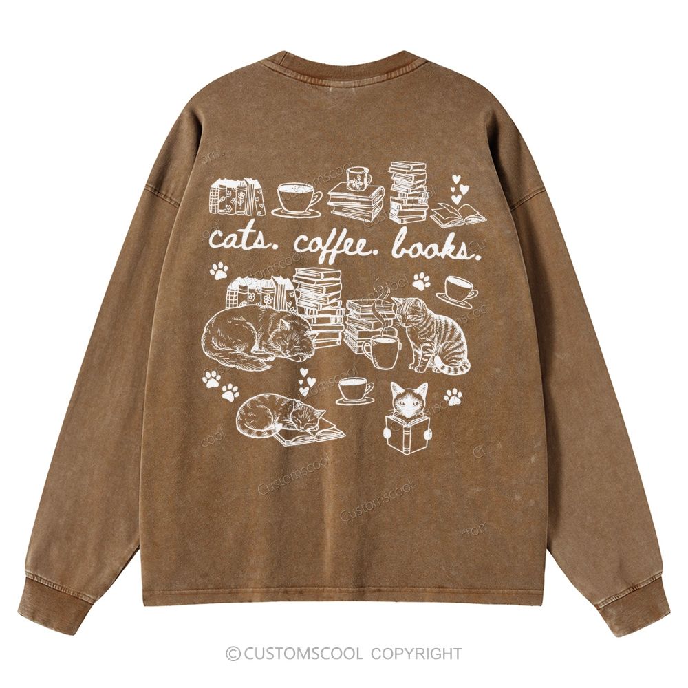 Cats Coffee Books Unisex Casual Washed Long-Sleeved T-Shirt